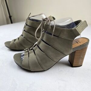 ClarkS Womens Lace Up Block Heel Open Toe Sandal Sage Nubuck Size 10 W